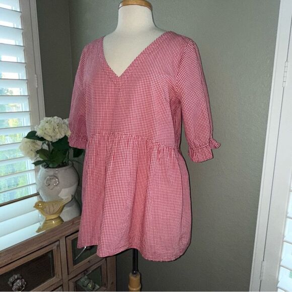 Maeve Anthropologie Gingham Tunic Peplum Blouse Red White Tunic Medium - Picture 7 of 12